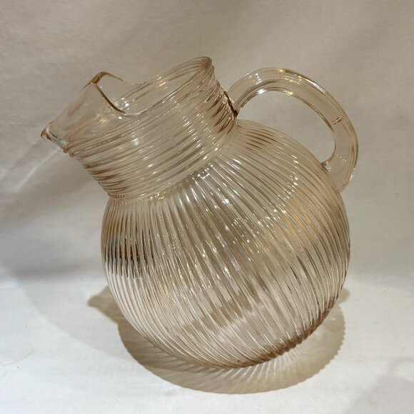 VTG Hazel Atlas Pink Glass Ribbed Ball Orb Pitcher 80 oz Ice Guard Lip Spout - Picture 1 of 7